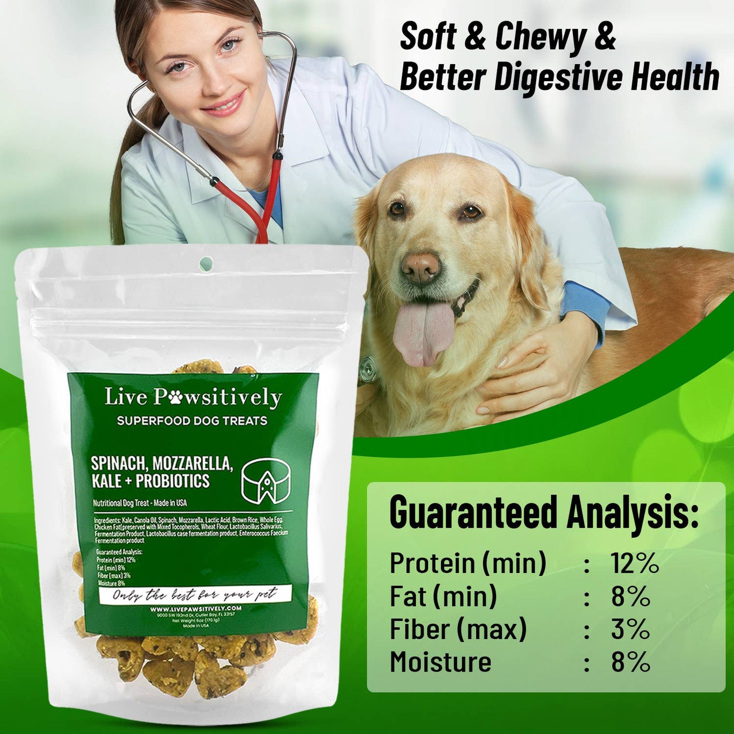 Spinach, Mozzarella, Kale & Probiotics (soft dog treat)