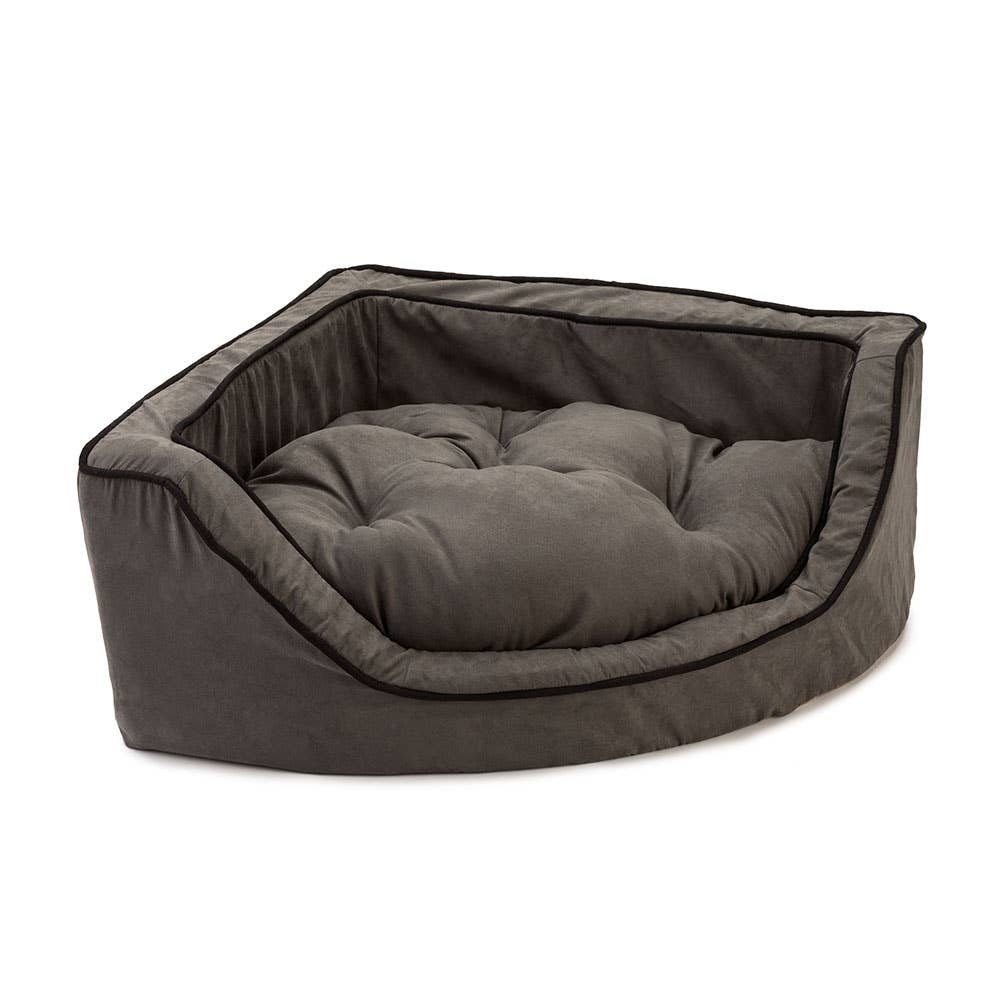 Luxury Overstuffed Corner Dog Bed with Microsuede: Buckskin / Java / Small