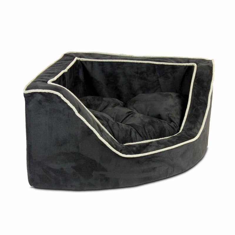 Luxury Overstuffed Corner Dog Bed with Microsuede: Buckskin / Java / Small