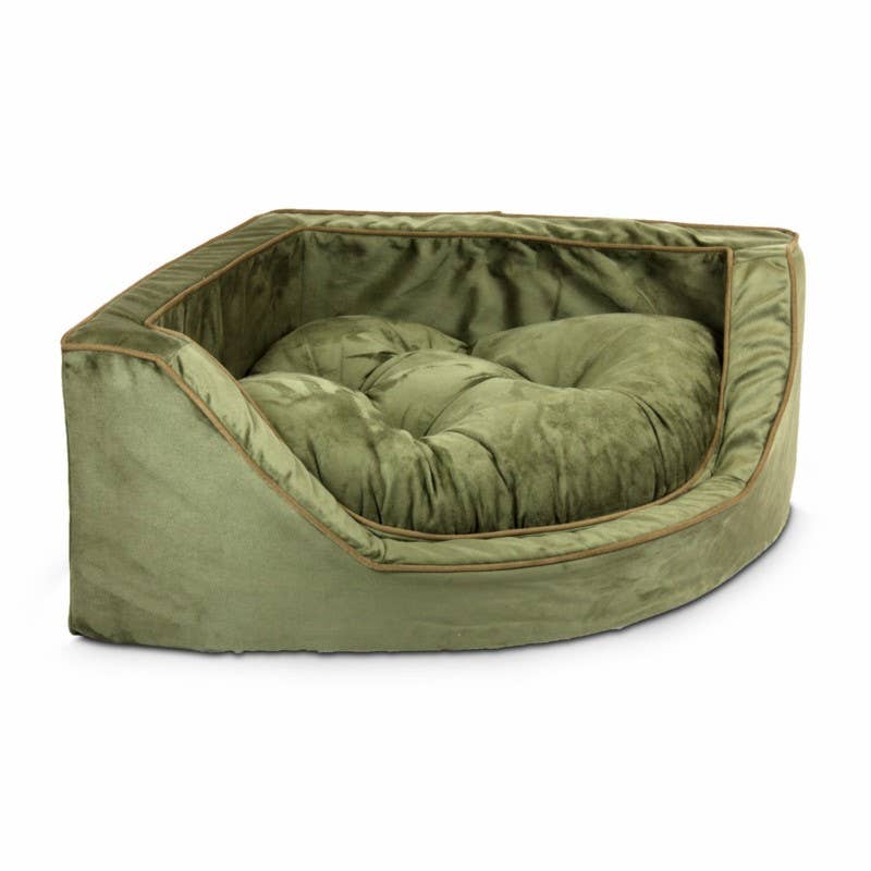 Luxury Overstuffed Corner Dog Bed with Microsuede: Buckskin / Java / Small