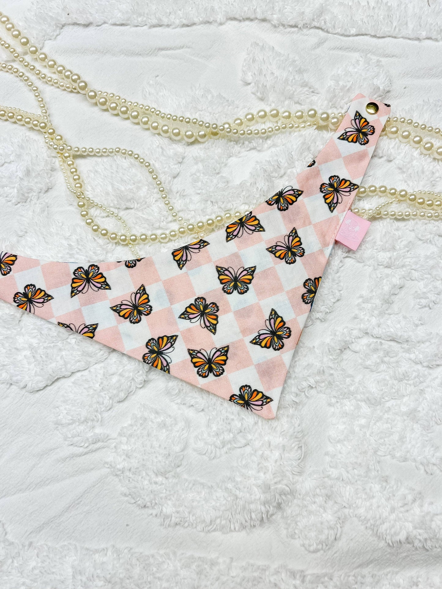 Butterfly Checkered Reversible Dog Bandana, Metal Snap On : M
