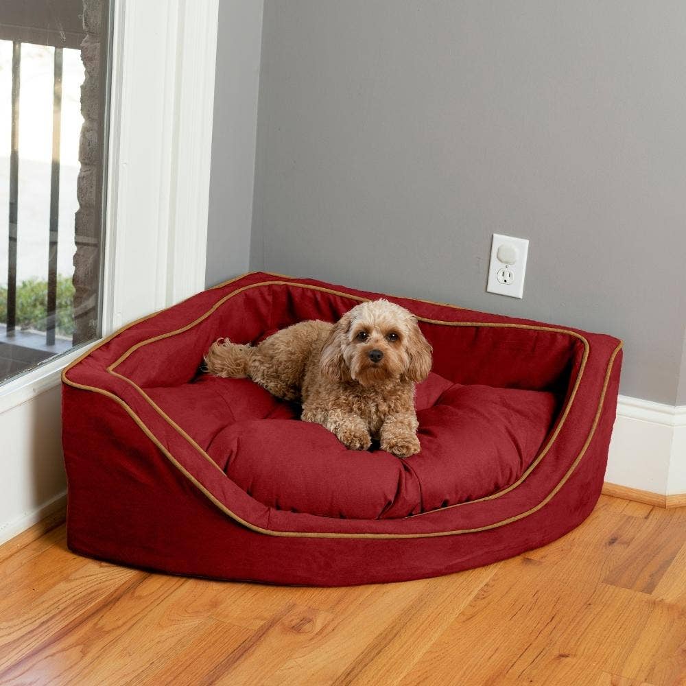 Luxury Overstuffed Corner Dog Bed with Microsuede: Buckskin / Java / Small