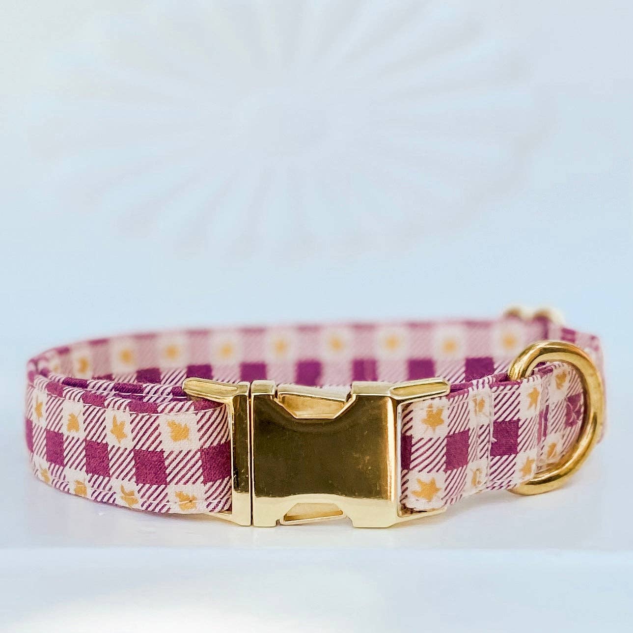 Fall dog collar berry maroon maple leaves plaid check