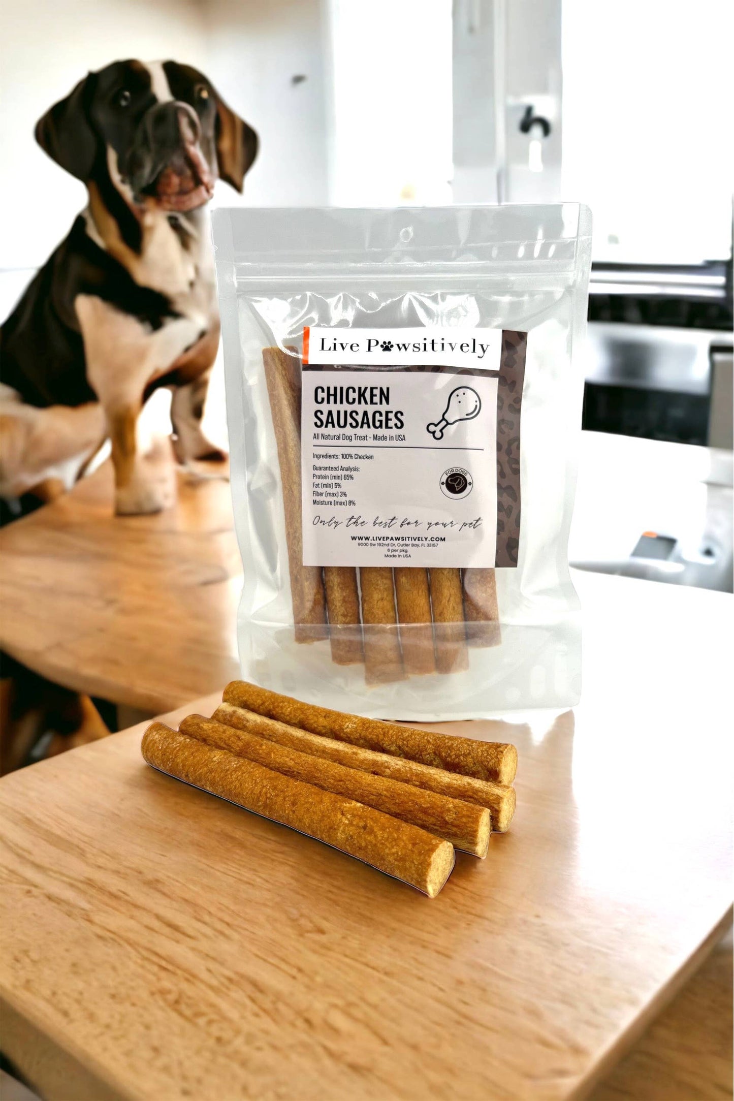 Chicken Sausage for Dogs, Single ingredient treat, 6 per pkg