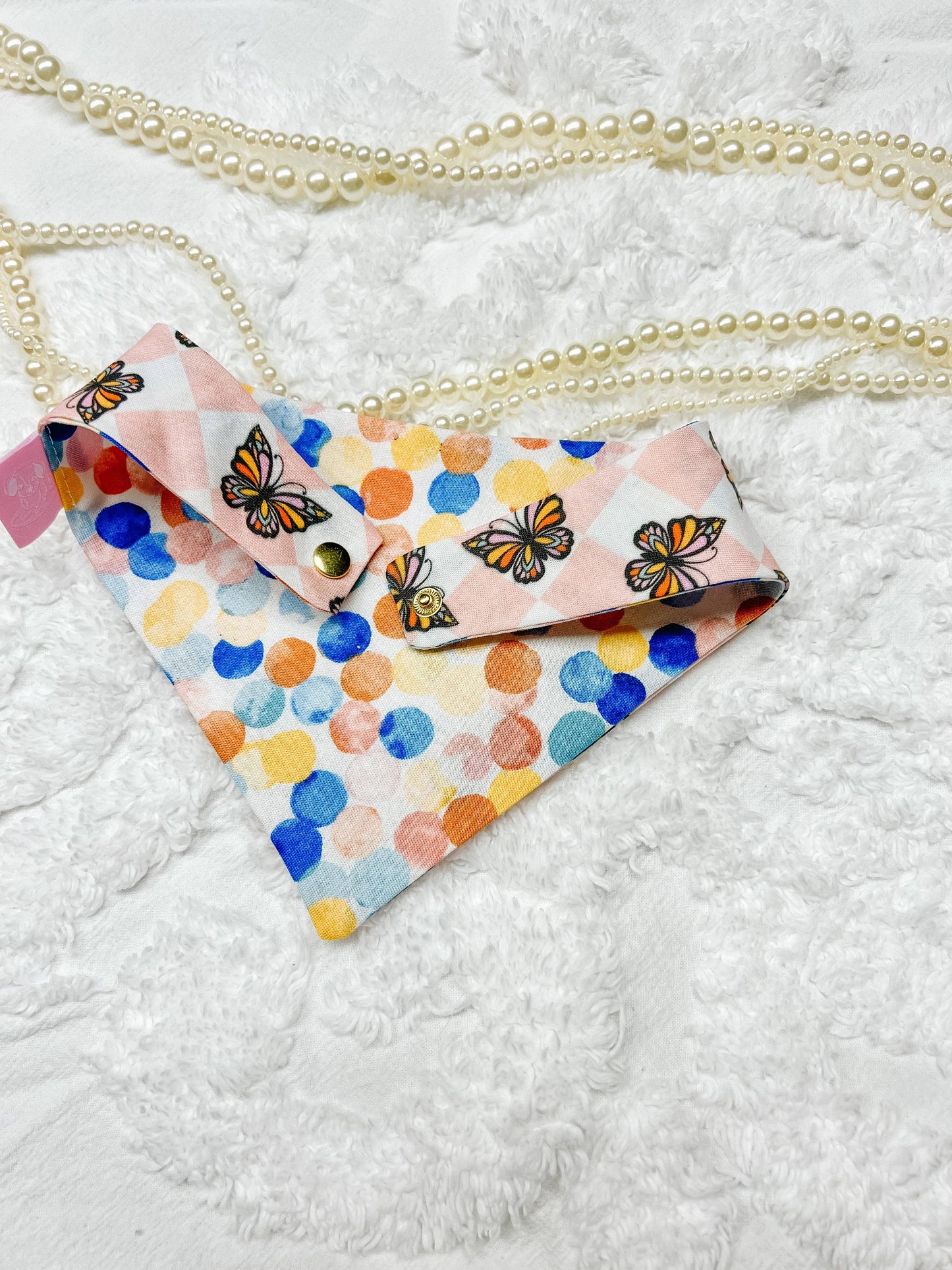 Butterfly Checkered Reversible Dog Bandana, Metal Snap On : M