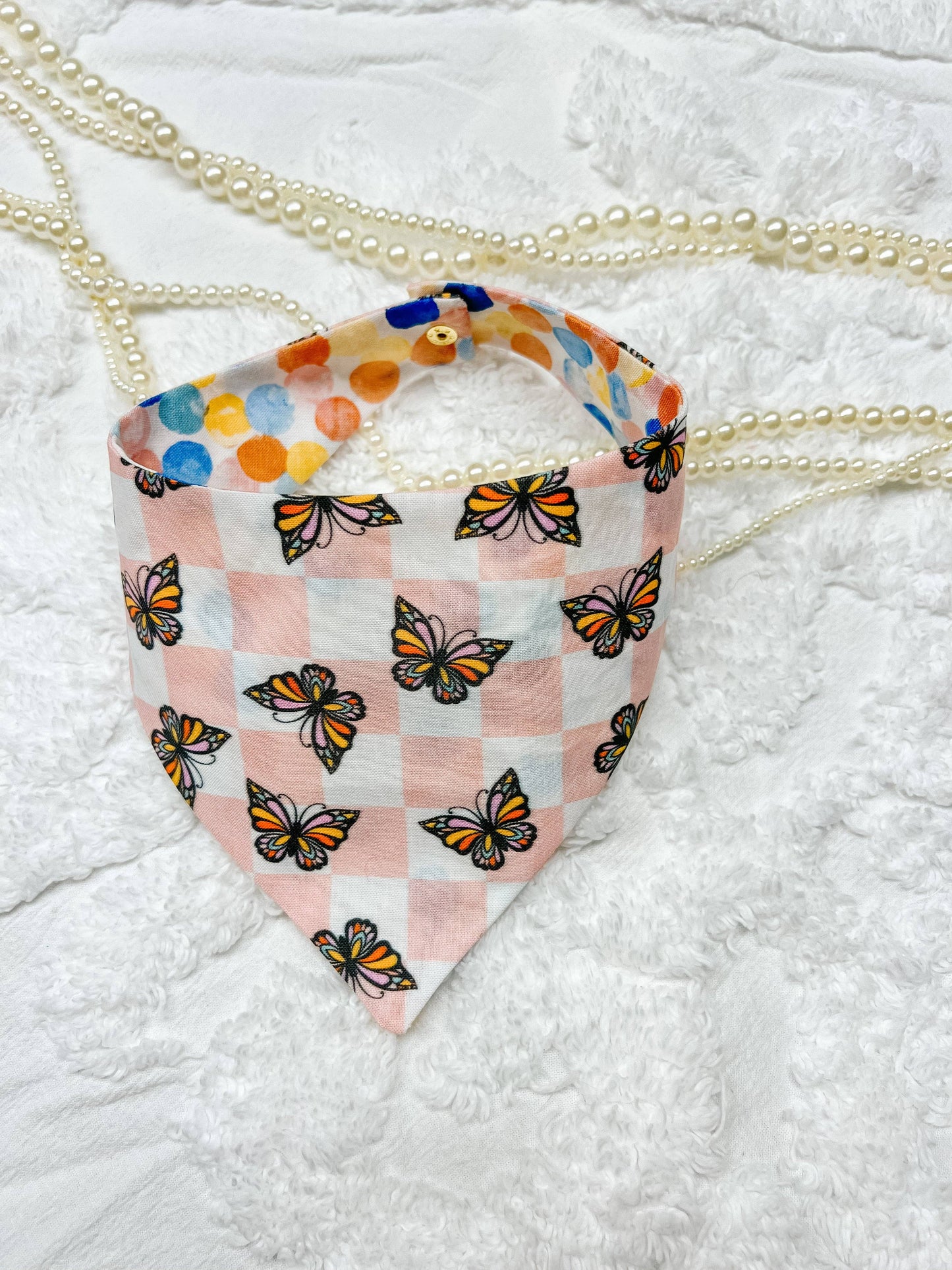 Butterfly Checkered Reversible Dog Bandana, Metal Snap On : M