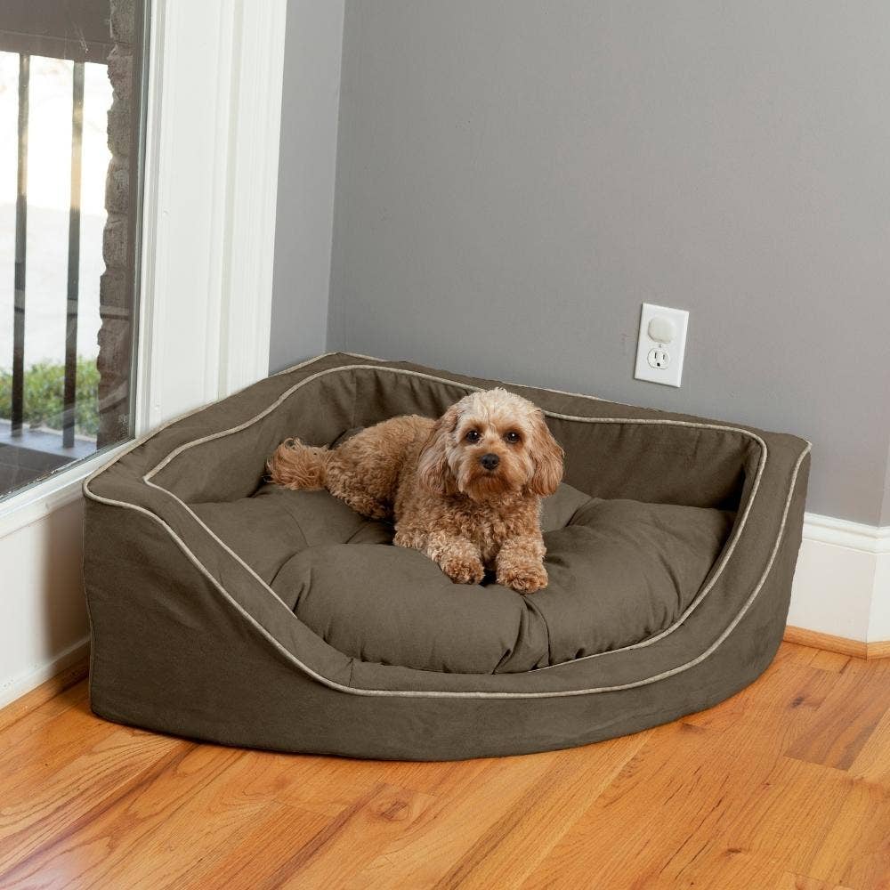 Luxury Overstuffed Corner Dog Bed with Microsuede: Buckskin / Java / Small