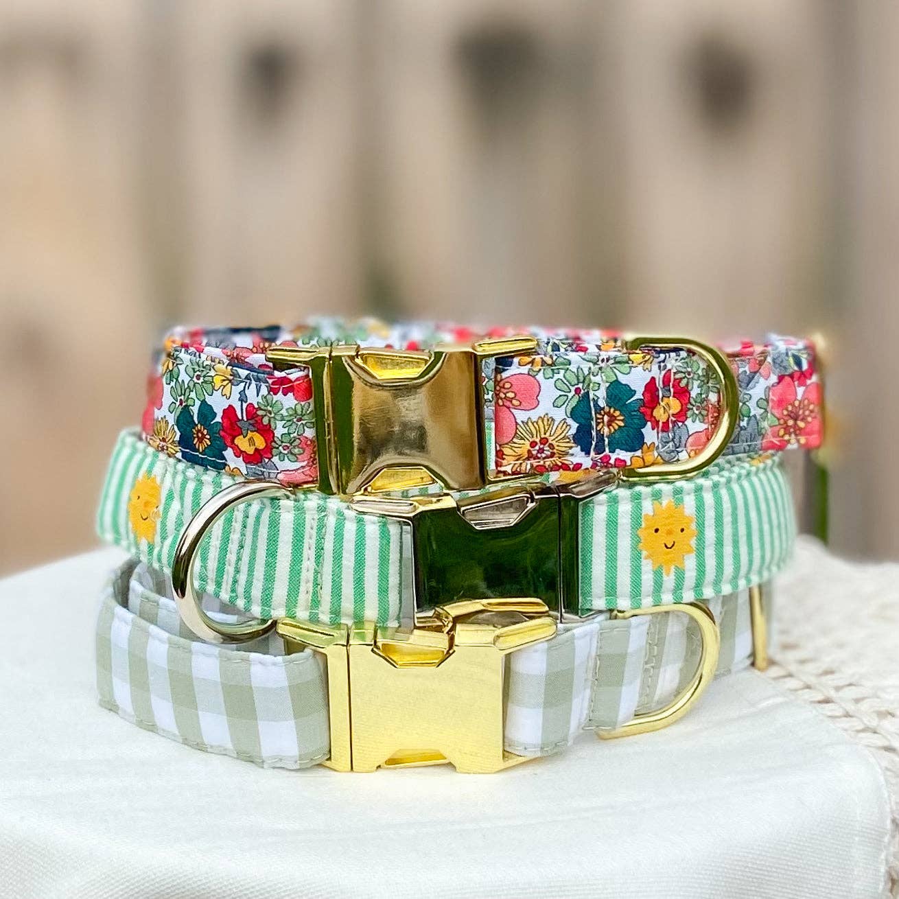 Sage green plaid spring dog collar with gold metal hardware