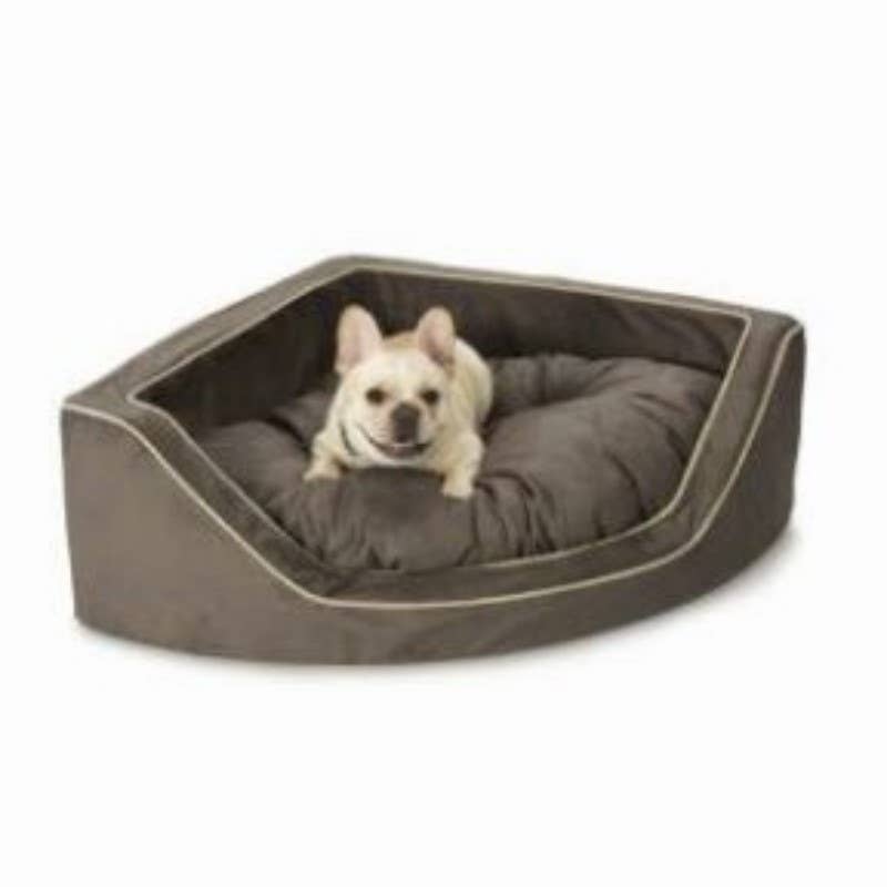 Luxury Overstuffed Corner Dog Bed with Microsuede: Buckskin / Java / Small