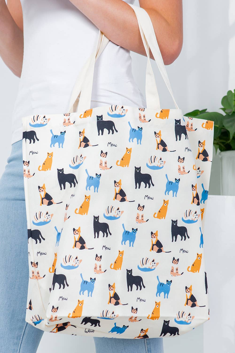 Colorful Cat Canvas Tote Bag - White Design