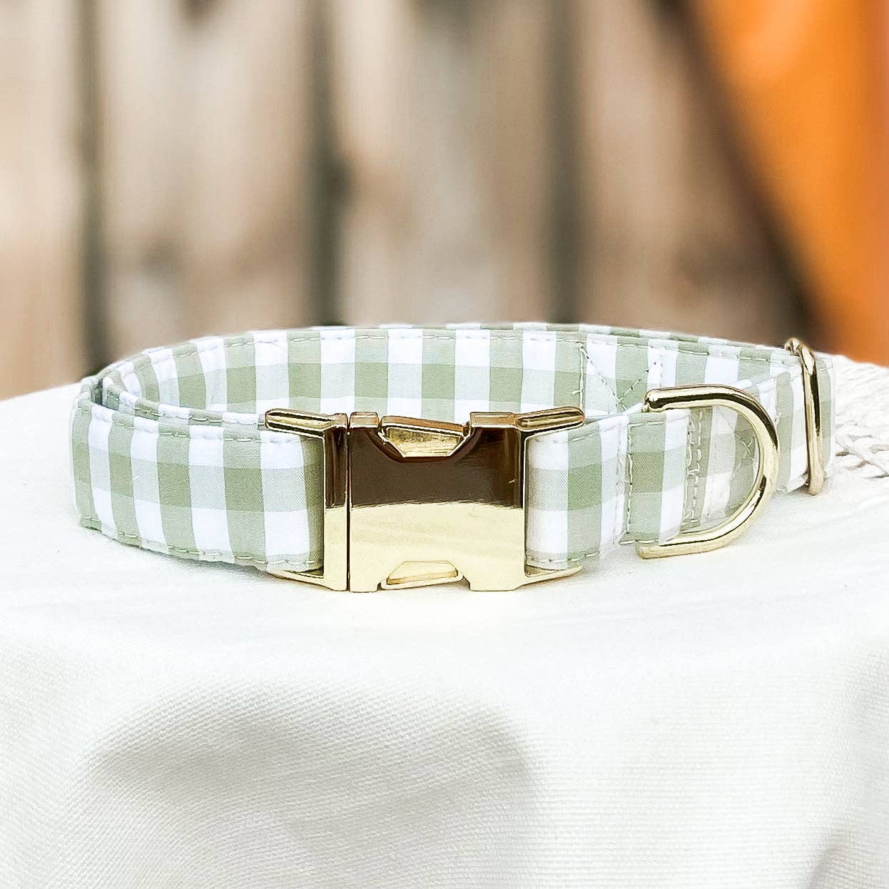 Sage green plaid spring dog collar with gold metal hardware