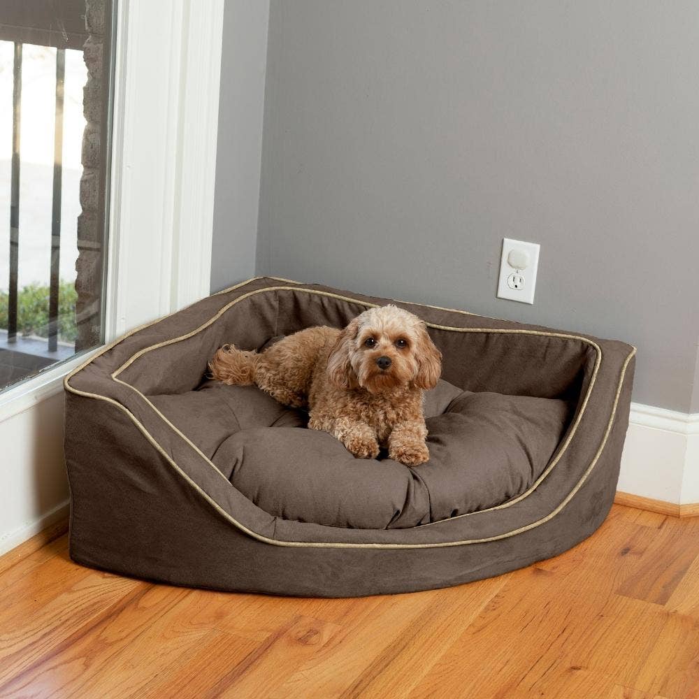 Luxury Overstuffed Corner Dog Bed with Microsuede: Buckskin / Java / Small