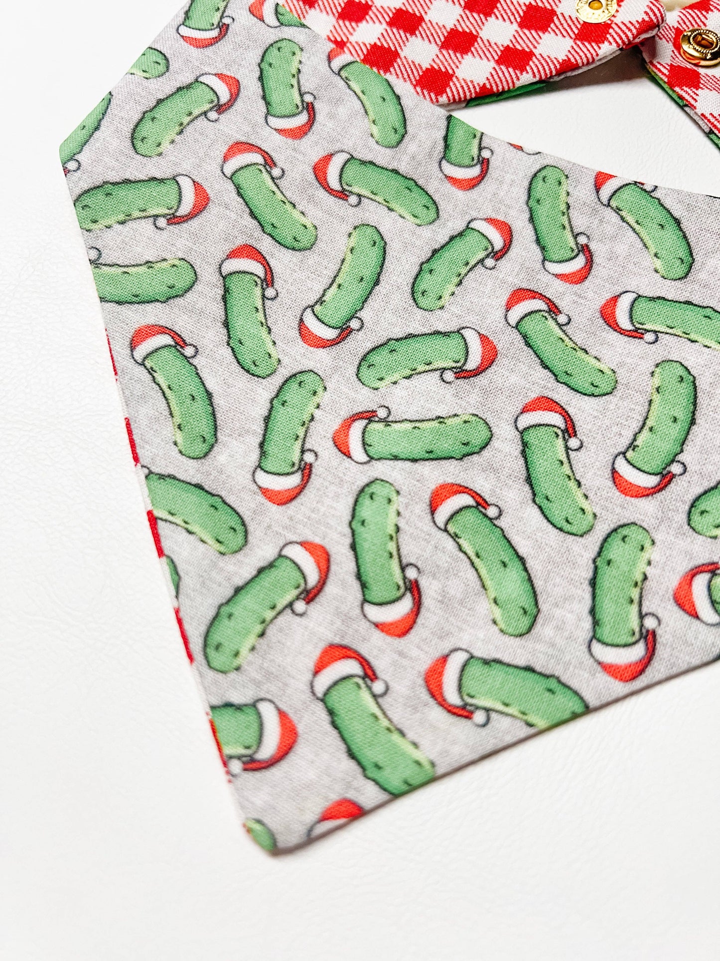 Christmas Pickles Reversible Dog Bandana – Winter Pet Scarf with Snap-On Curved Neck Medium