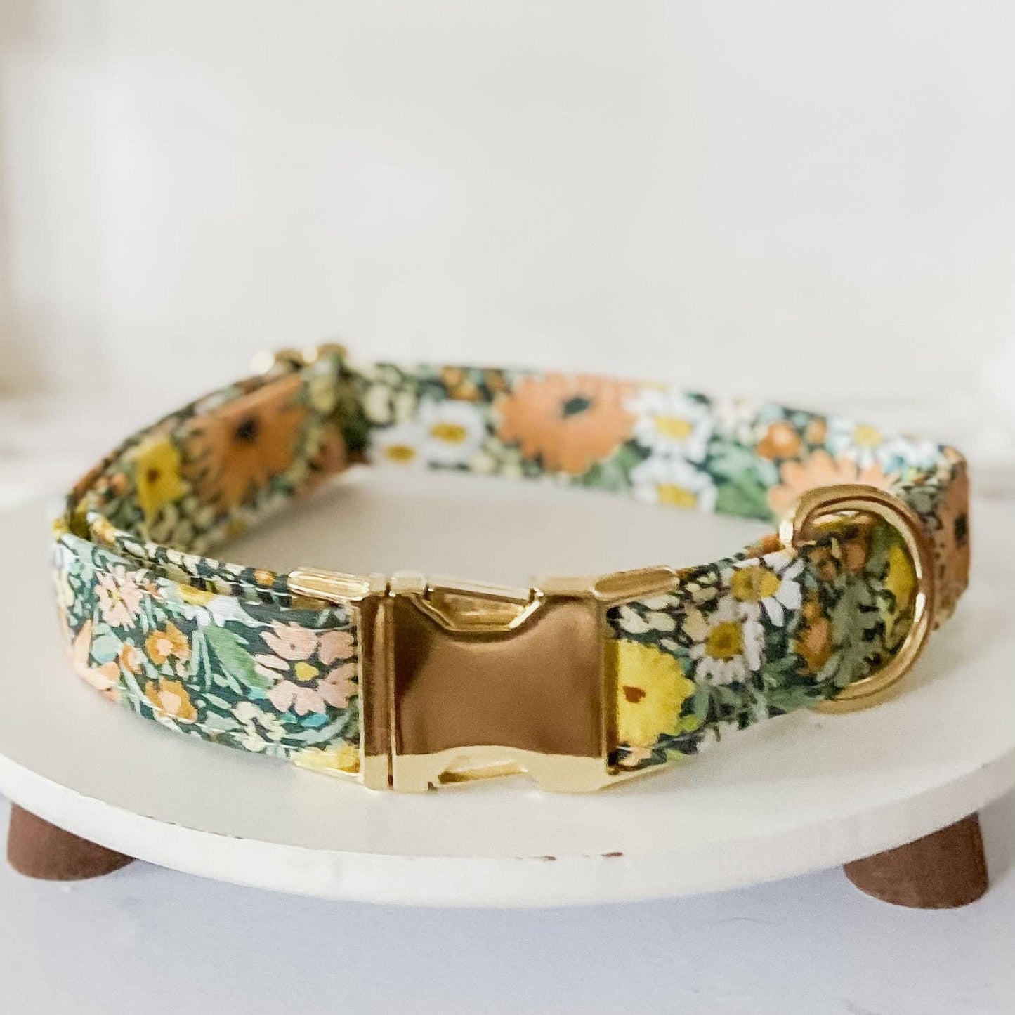 Wild Daisies spring floral sage, peach, yellow dog collar
