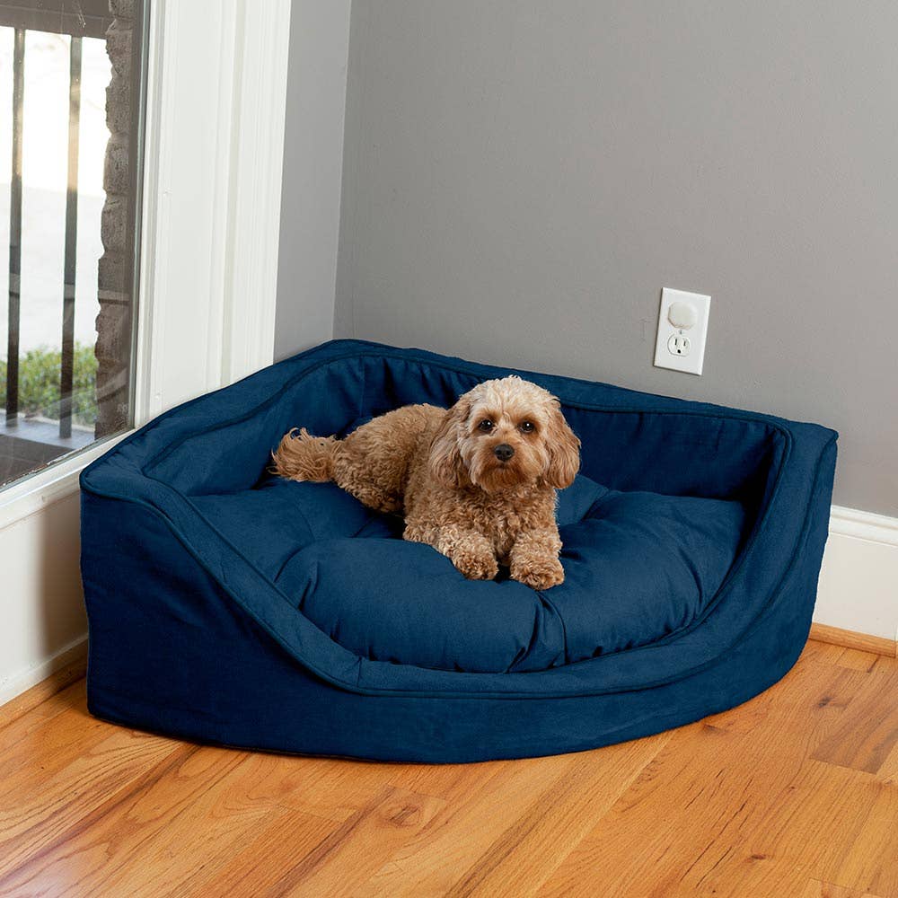 Luxury Overstuffed Corner Dog Bed with Microsuede: Buckskin / Java / Small