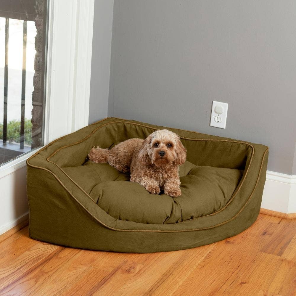 Luxury Overstuffed Corner Dog Bed with Microsuede: Buckskin / Java / Small