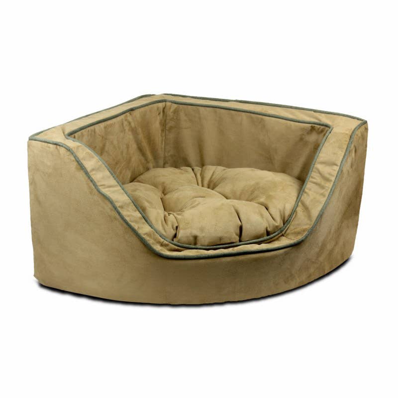 Luxury Overstuffed Corner Dog Bed with Microsuede: Buckskin / Java / Small