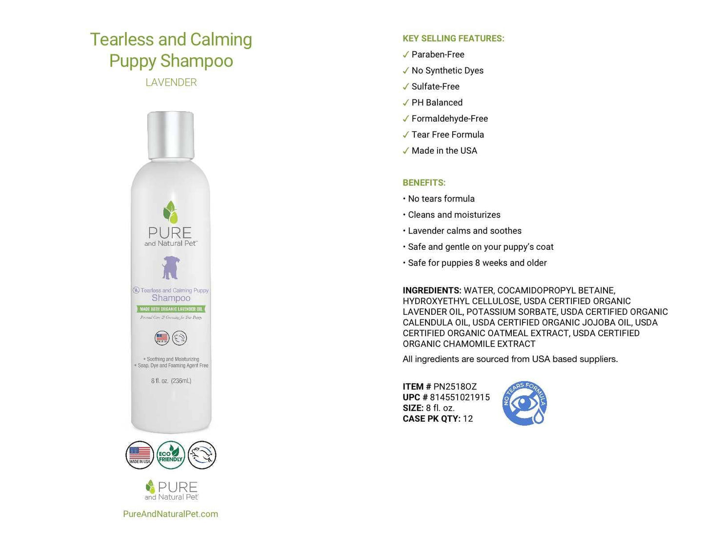 Tearless and Calming Puppy Natural Shampoo (Dogs)