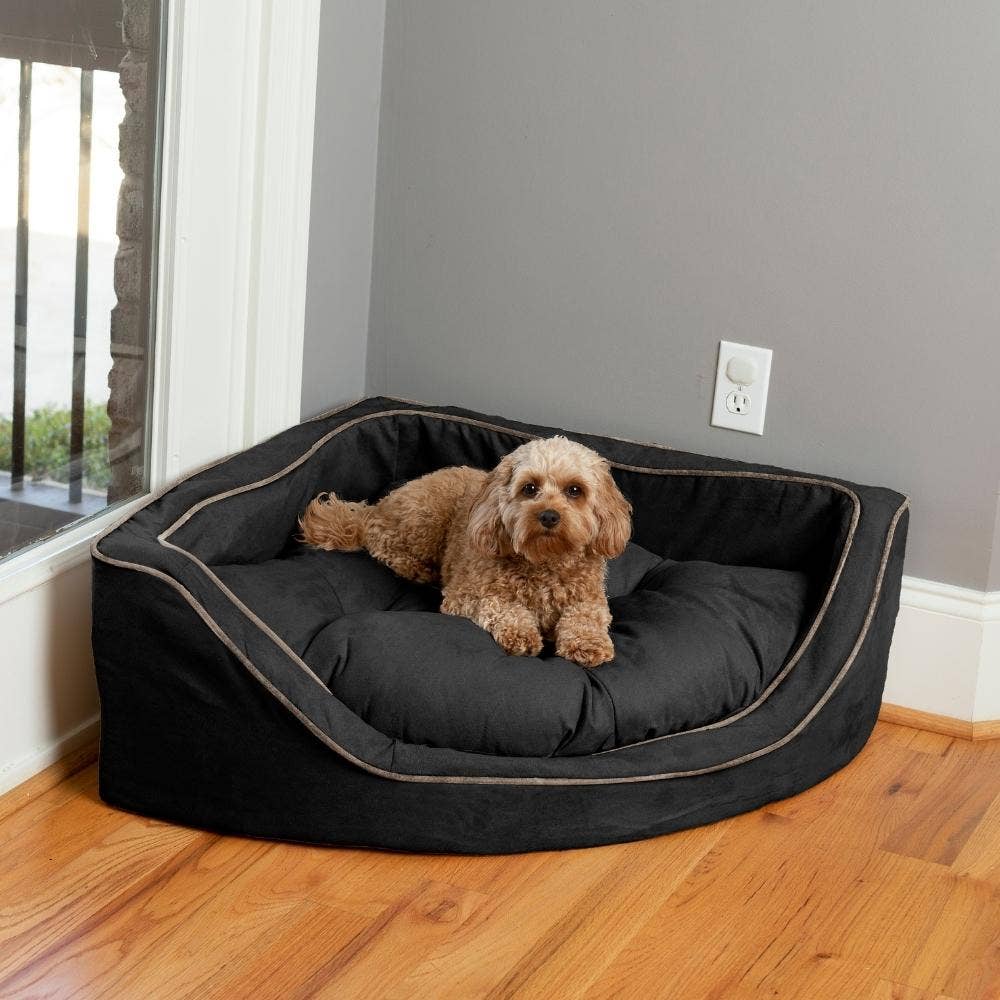 Luxury Overstuffed Corner Dog Bed with Microsuede: Buckskin / Java / Small