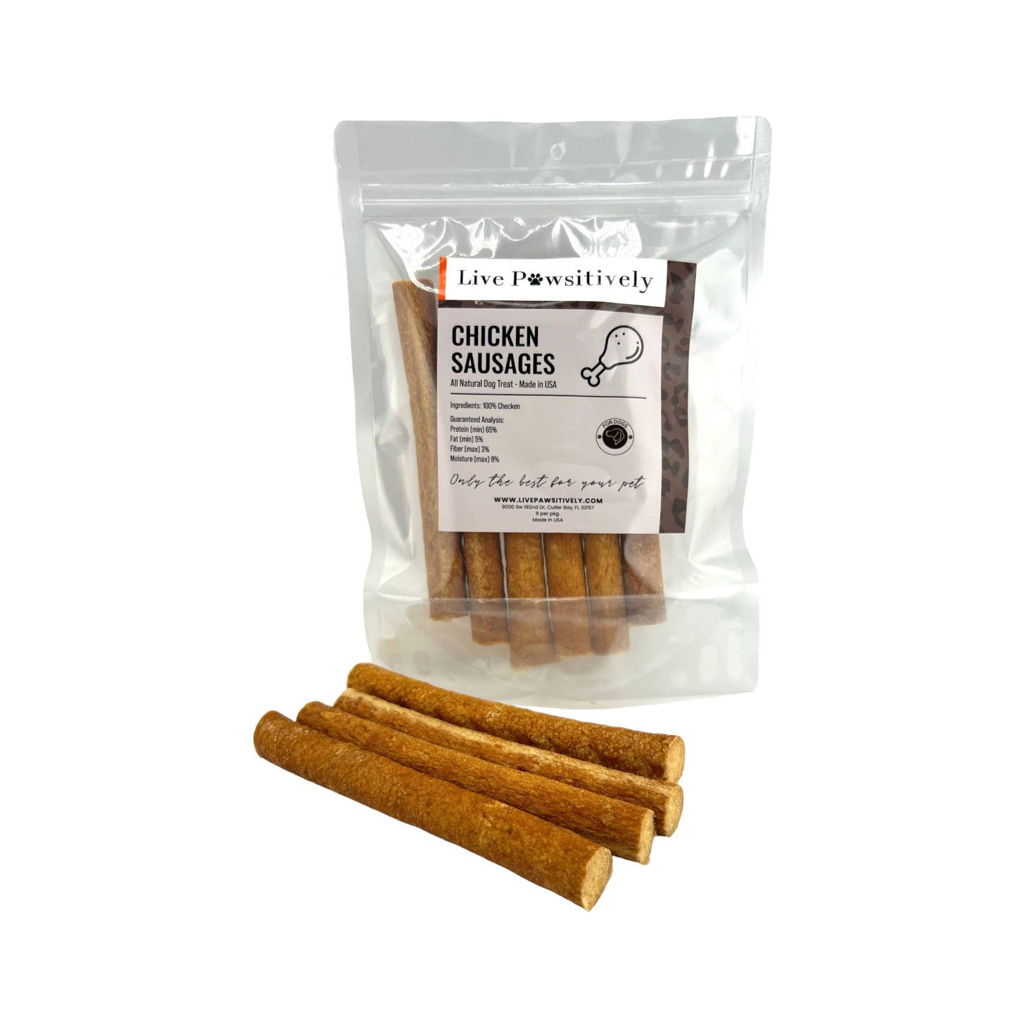 Chicken Sausage for Dogs, Single ingredient treat, 6 per pkg