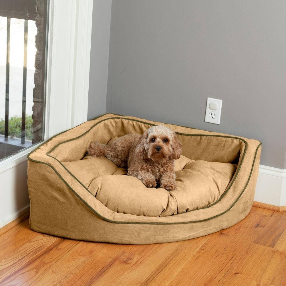Luxury Overstuffed Corner Dog Bed with Microsuede: Buckskin / Java / Small