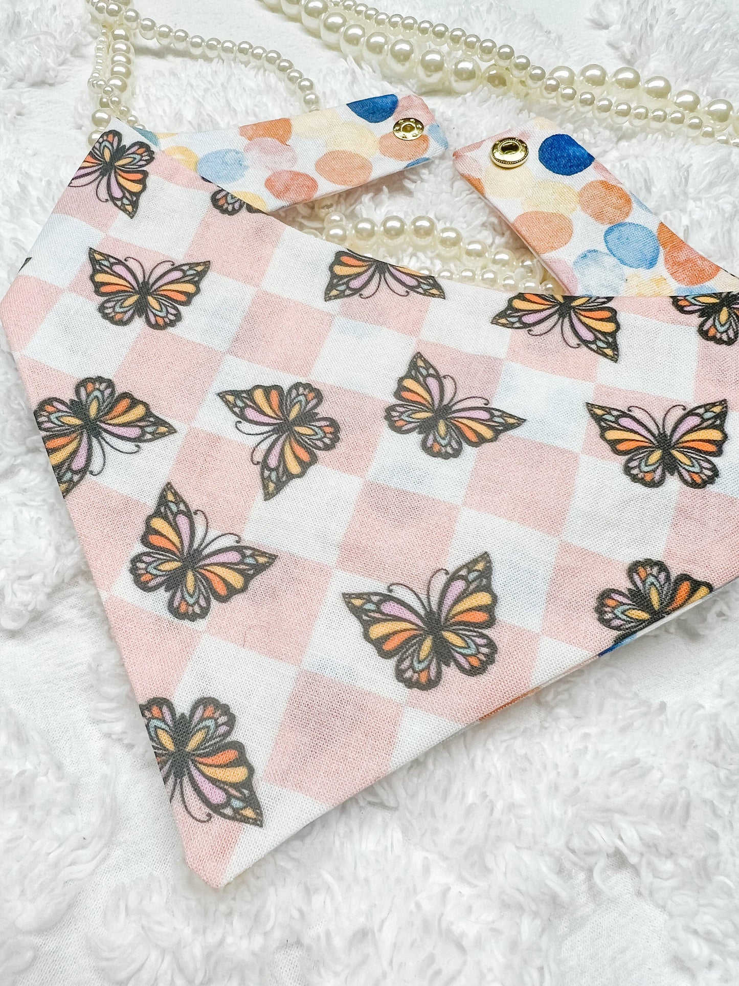Butterfly Checkered Reversible Dog Bandana, Metal Snap On : M