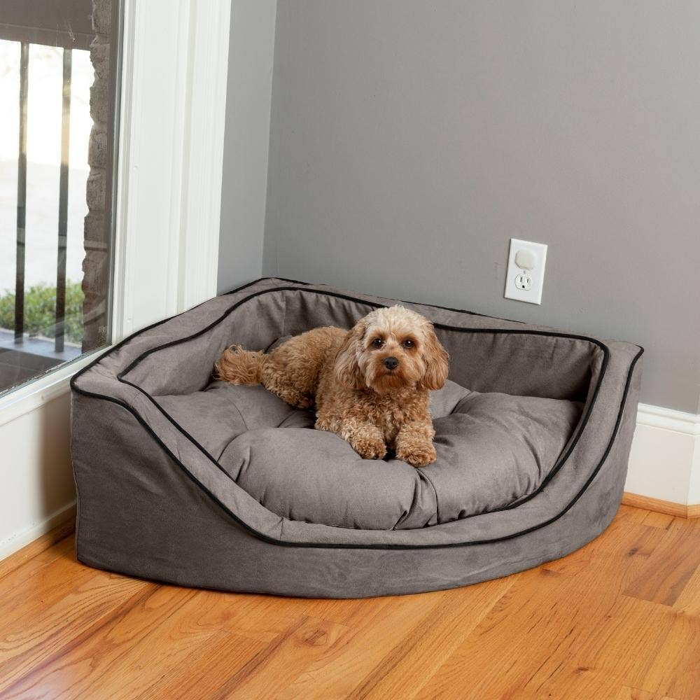 Luxury Overstuffed Corner Dog Bed with Microsuede: Buckskin / Java / Small