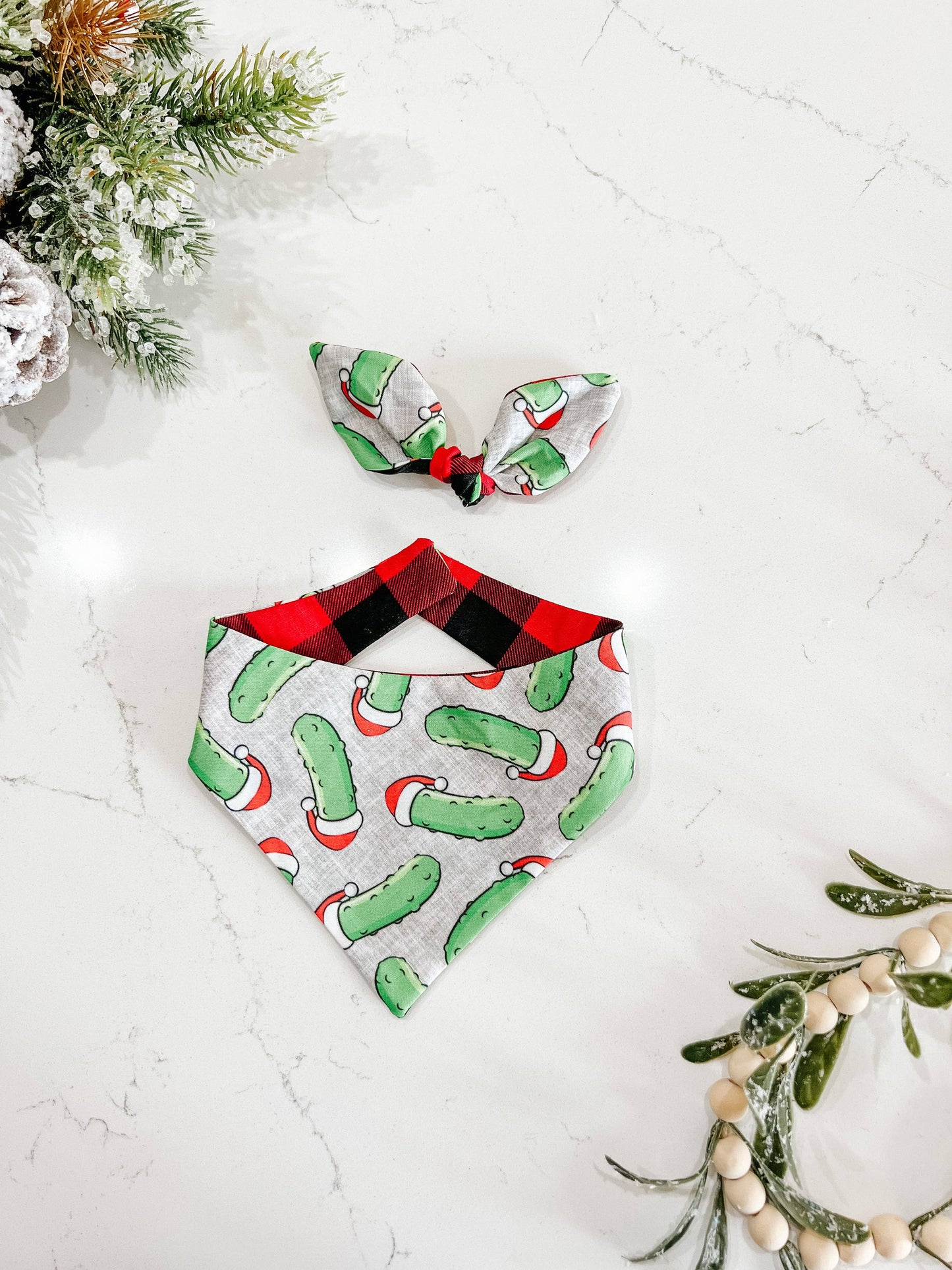 Christmas Pickle Reversible Dog Bandana – Curved Neck Winter Pet Scarf with Metal Snaps Medium