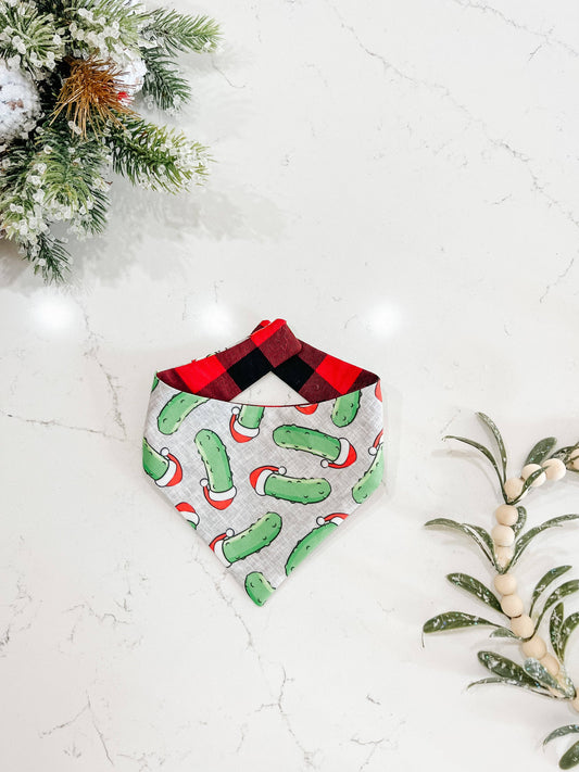 Christmas Pickle Reversible Dog Bandana – Curved Neck Winter Pet Scarf with Metal Snaps Medium