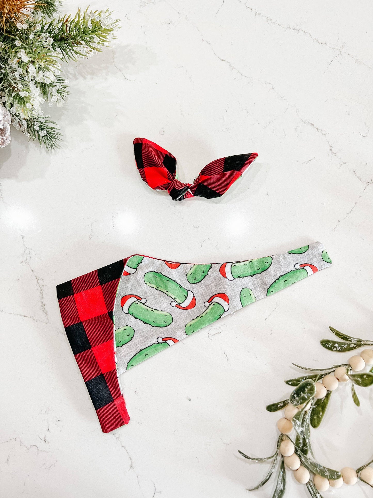 Christmas Pickle Reversible Dog Bandana – Curved Neck Winter Pet Scarf with Metal Snaps Medium