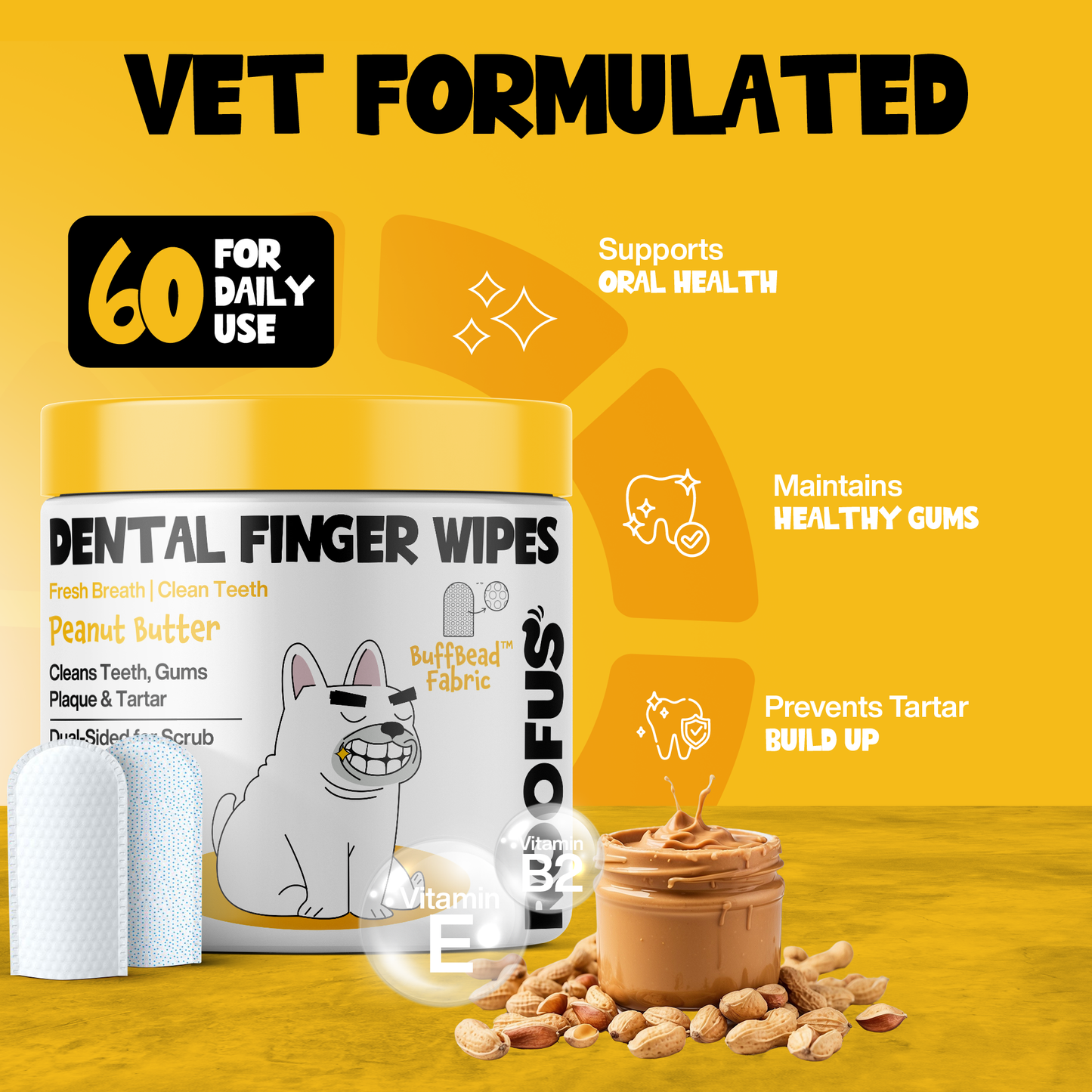 ROOFUS Peanut Butter Dental Wipes – Gentle, Effective Oral Care for Dogs & Cats
