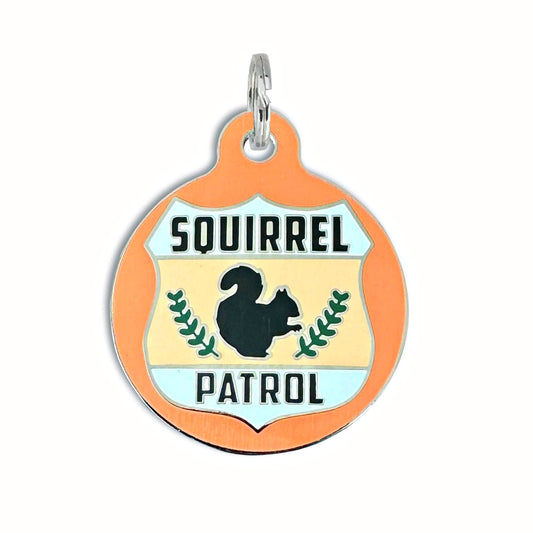 Dog ID Tag with Personalized QR Code - Squirrel Patrol: Orange / Engraved QR Code / Small 1"