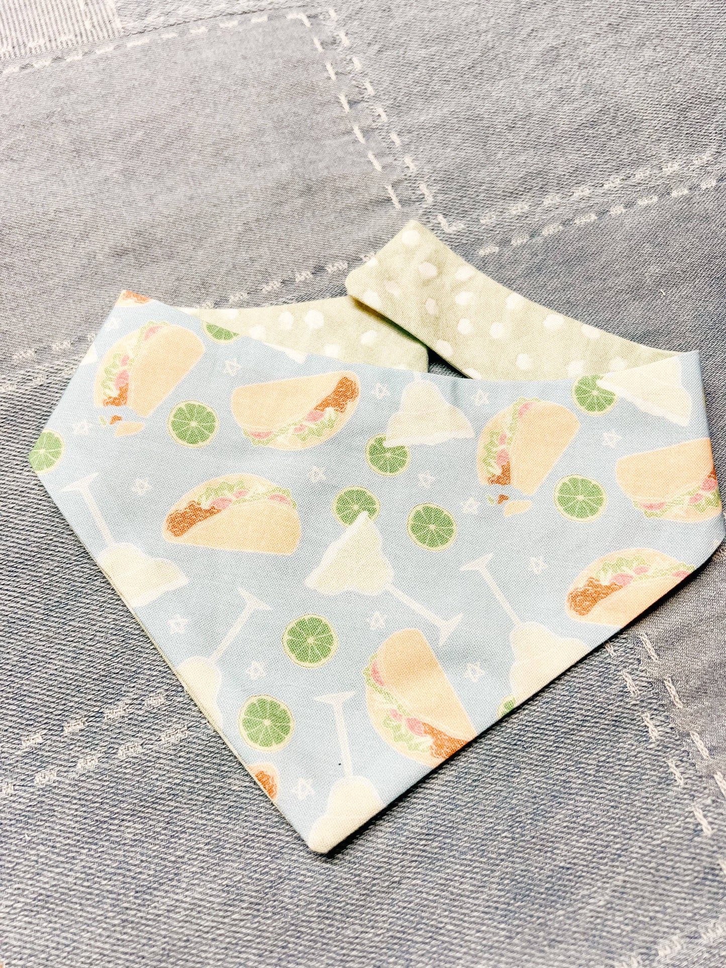 Margs and Tacos Reversible Dog Bandana – Snap-On Curved Neck Food Pet Scarf S