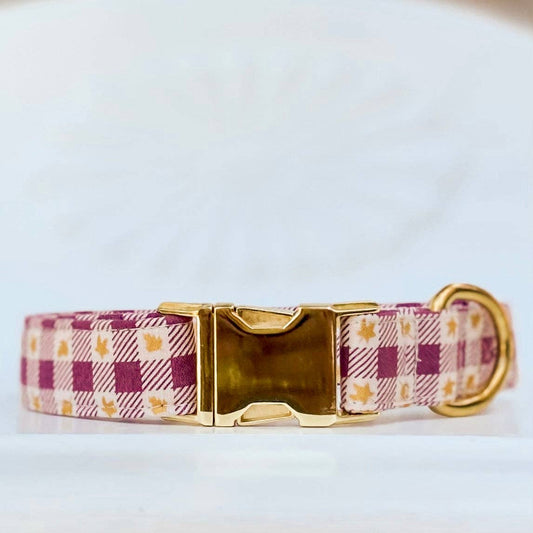 Fall dog collar berry maroon maple leaves plaid check