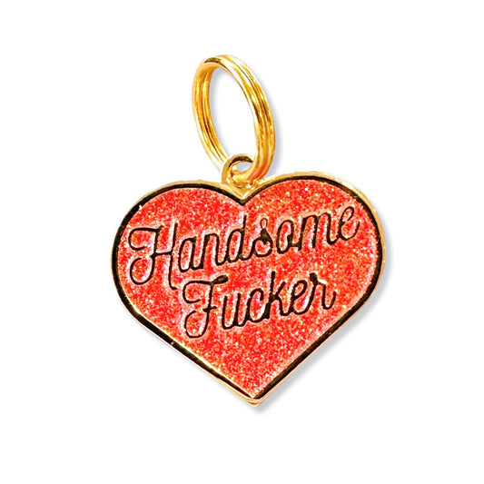 Red Glitter Heart Handsome Fucker Tag