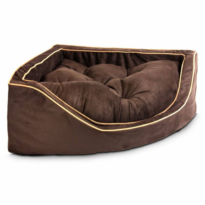 Luxury Overstuffed Corner Dog Bed with Microsuede: Buckskin / Java / Small