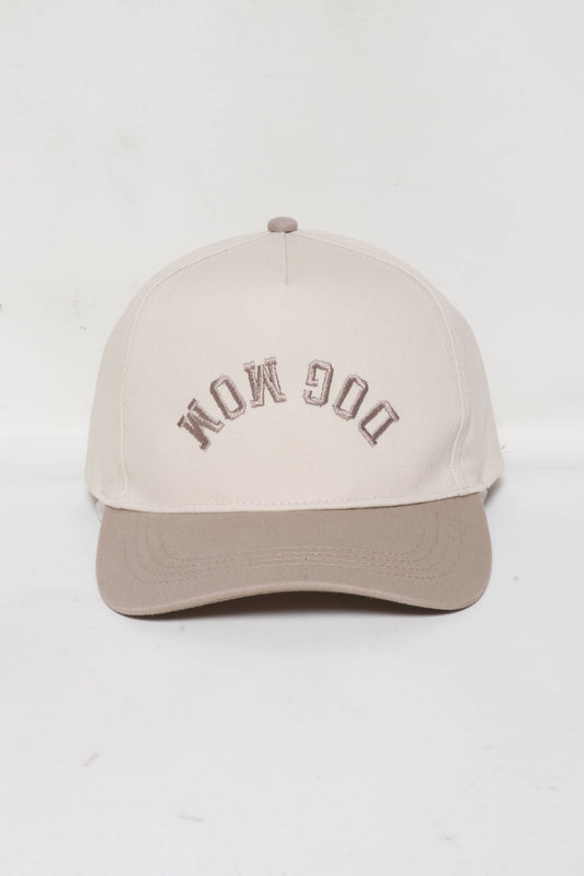 DOG MOM Upside Down embroidery in Two Tone Baseball Cap: Beige