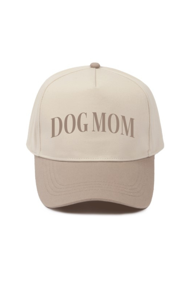 DOG MOM Embroidery 5 Panel Two Tone Hat: Beige