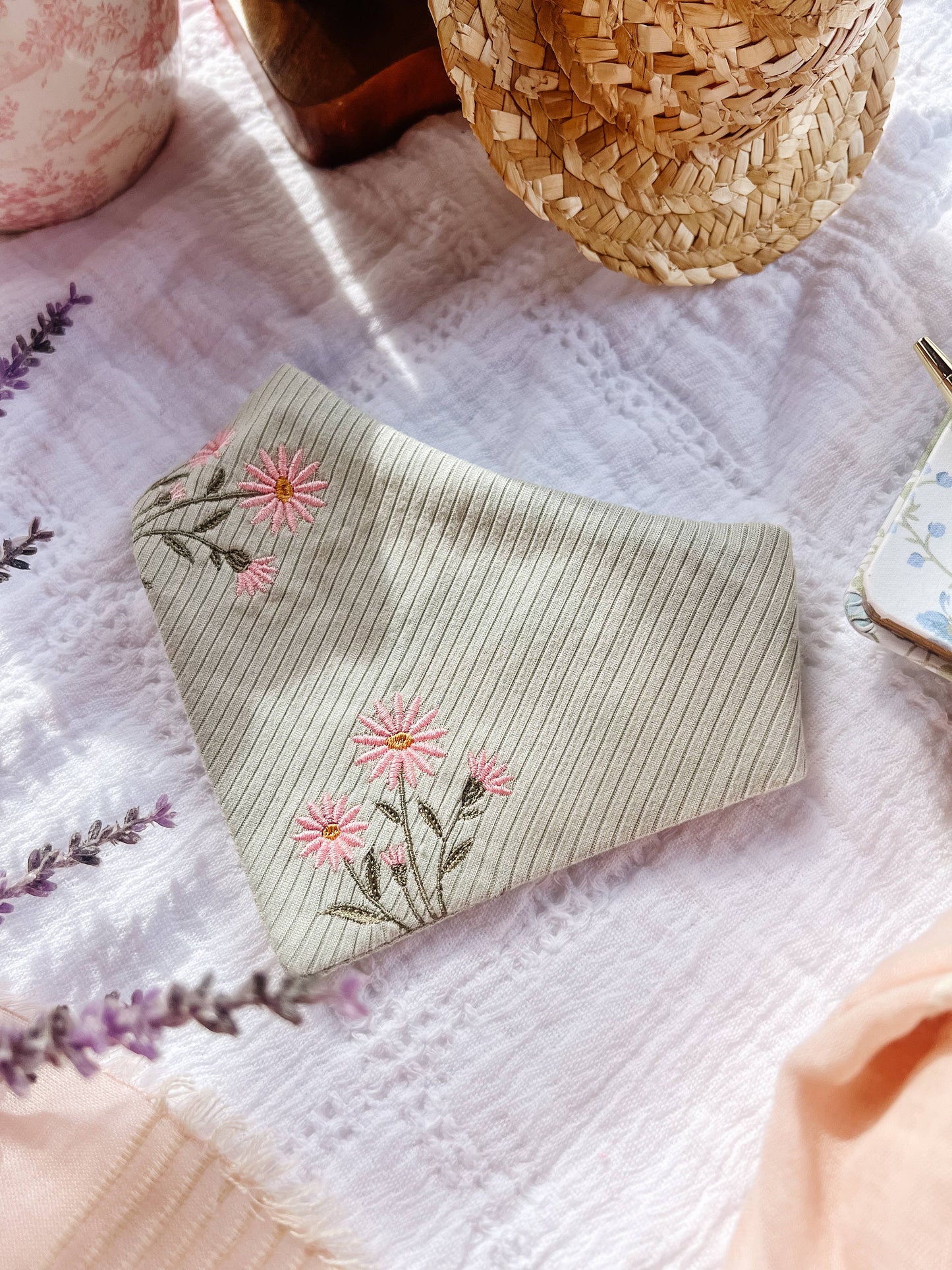 Floral  Snap-On Embroidery Dog Bandana, Curved Neck : L