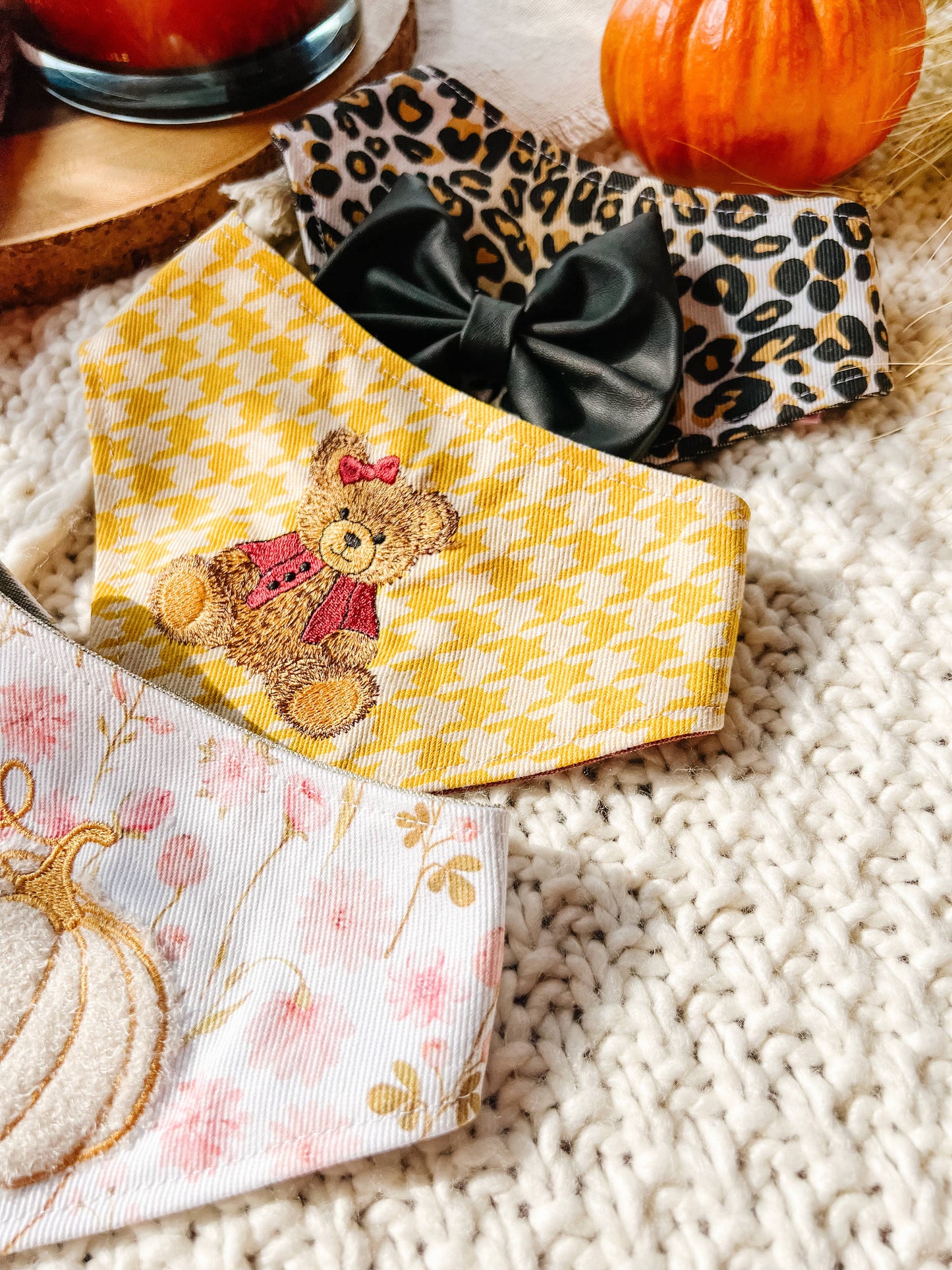 Bear Reversible Denim Dog Bandana – Snap-On Curved Neck Scarf L