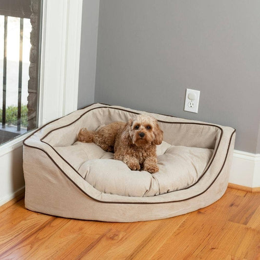 Luxury Overstuffed Corner Dog Bed with Microsuede: Buckskin / Java / Small