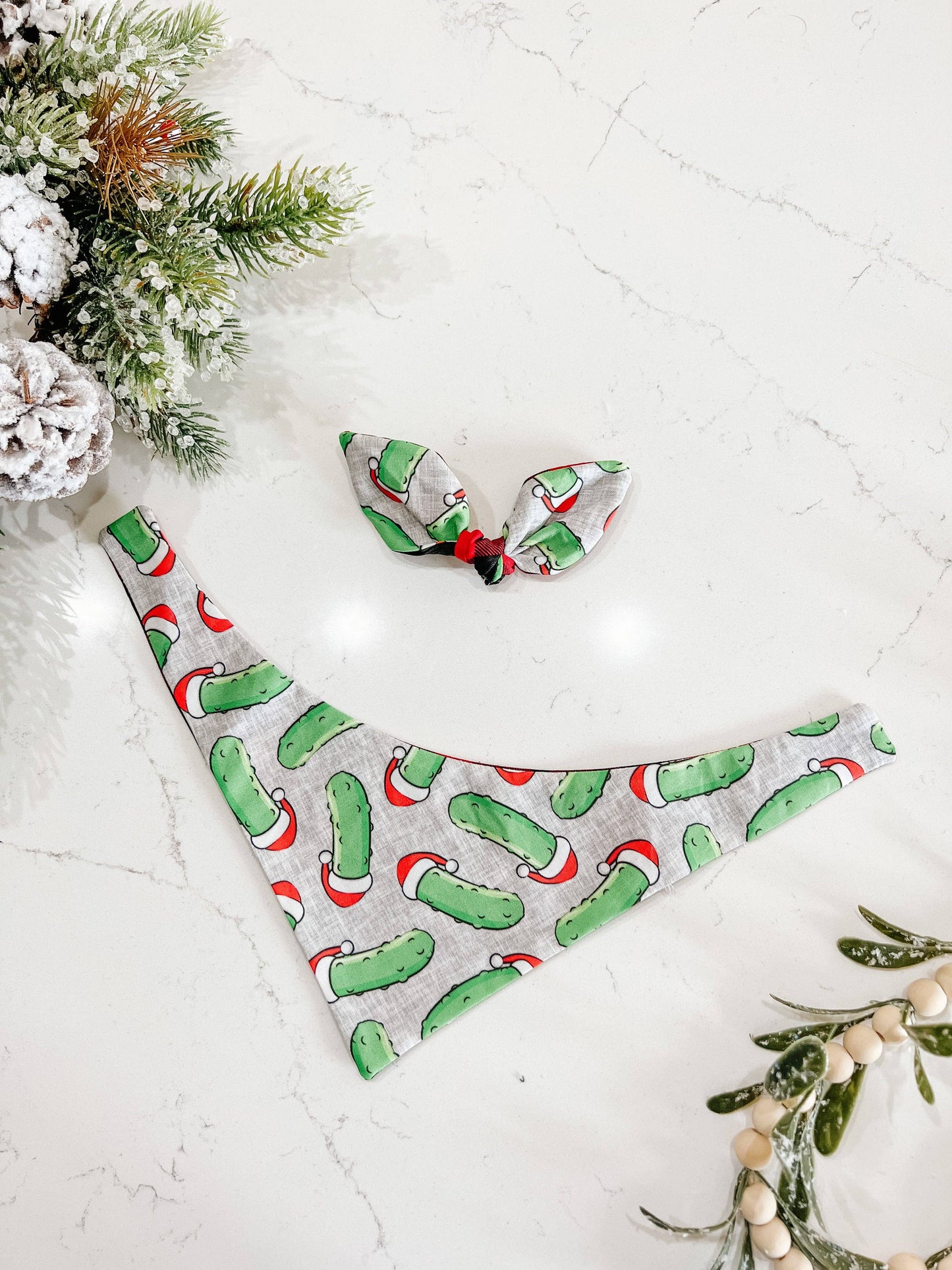 Christmas Pickle Reversible Dog Bandana – Curved Neck Winter Pet Scarf with Metal Snaps Medium