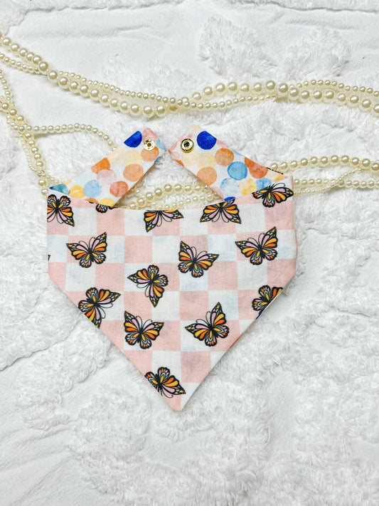 Butterfly Checkered Reversible Dog Bandana, Metal Snap On : M