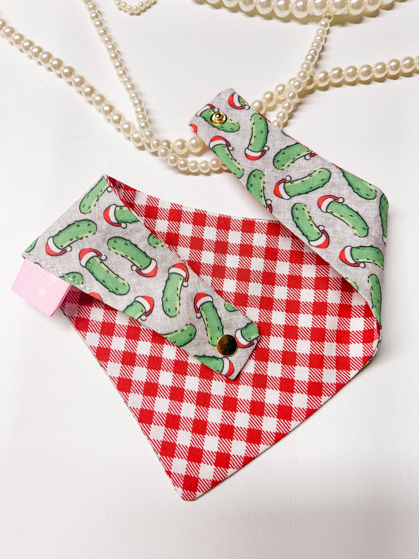 Christmas Pickles Reversible Dog Bandana – Winter Pet Scarf with Snap-On Curved Neck Medium