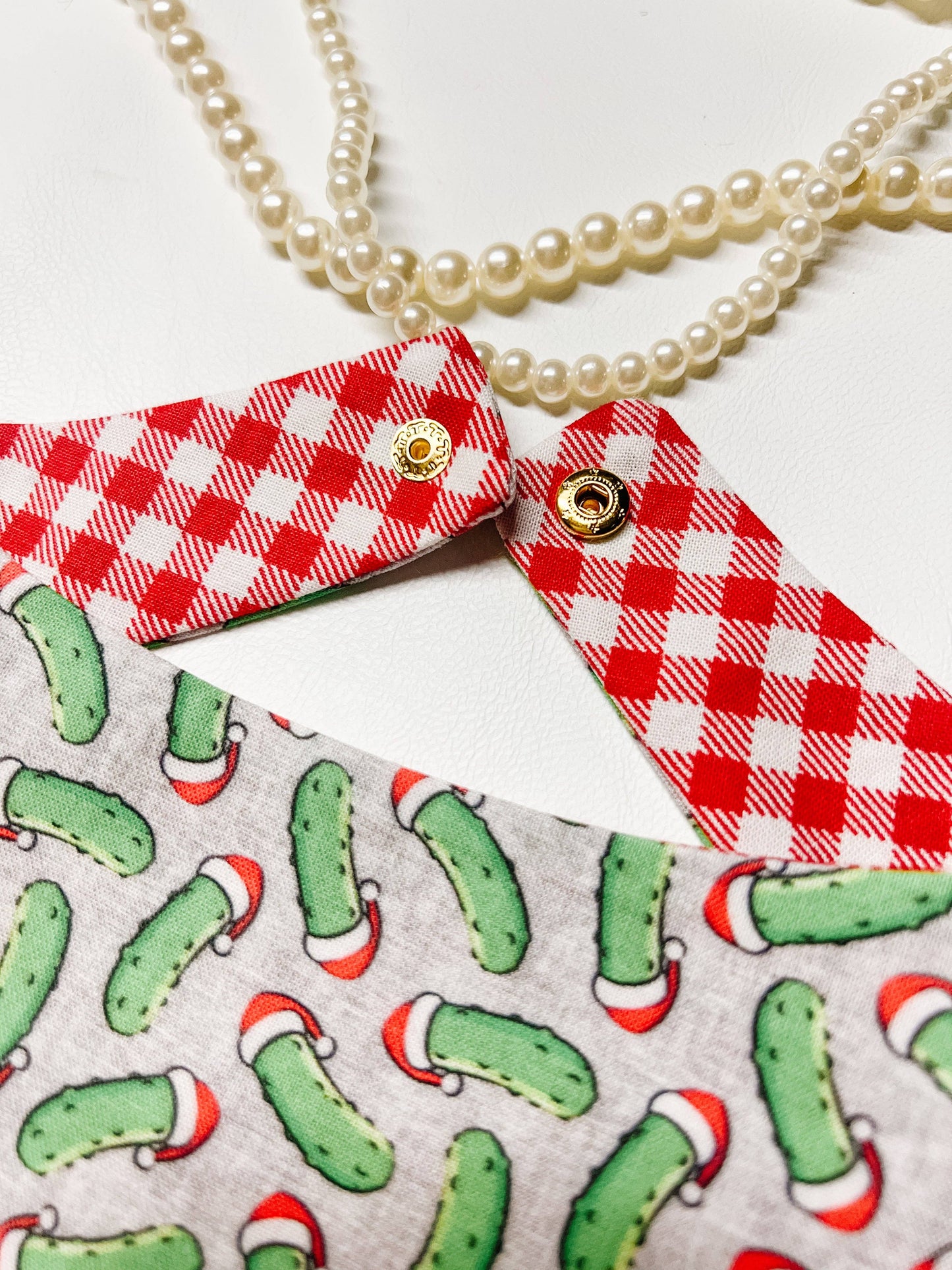 Christmas Pickles Reversible Dog Bandana – Winter Pet Scarf with Snap-On Curved Neck Medium