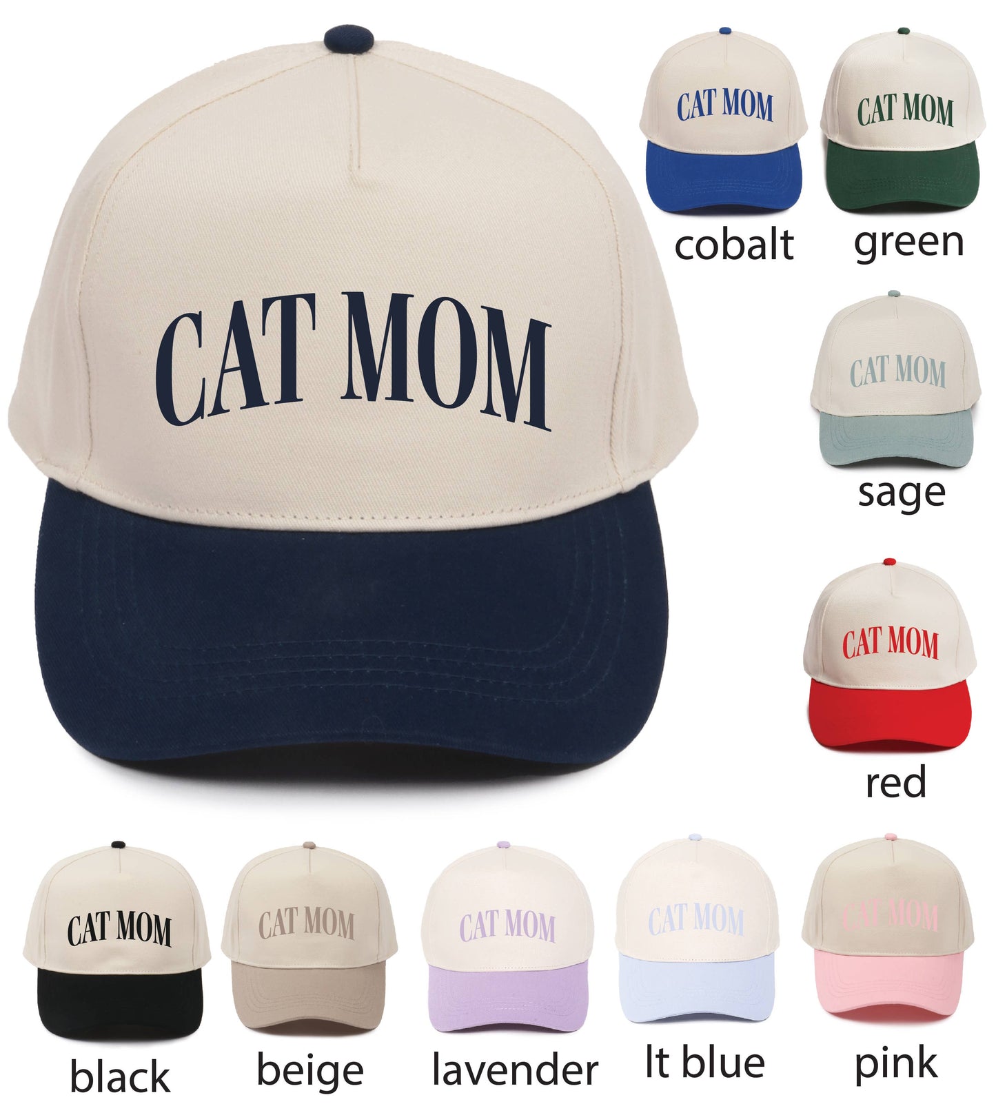 CAT MOM embroidery 5 Panel Two Tone Baseball Cap: Beige