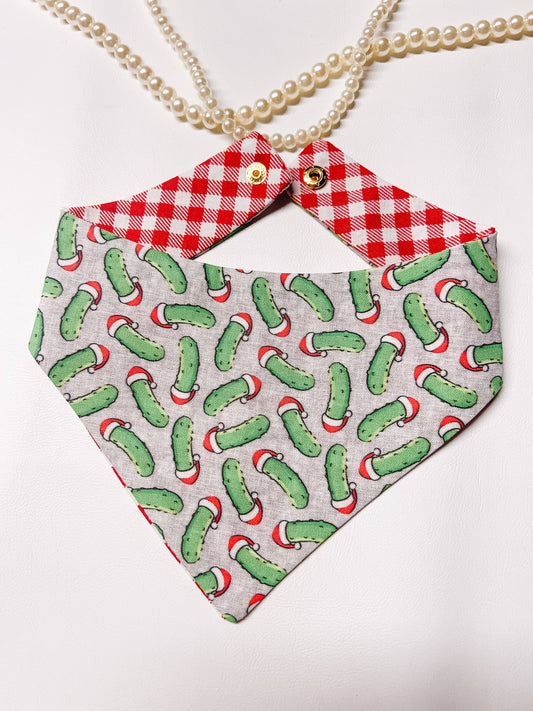 Christmas Pickles Reversible Dog Bandana – Winter Pet Scarf with Snap-On Curved Neck Medium
