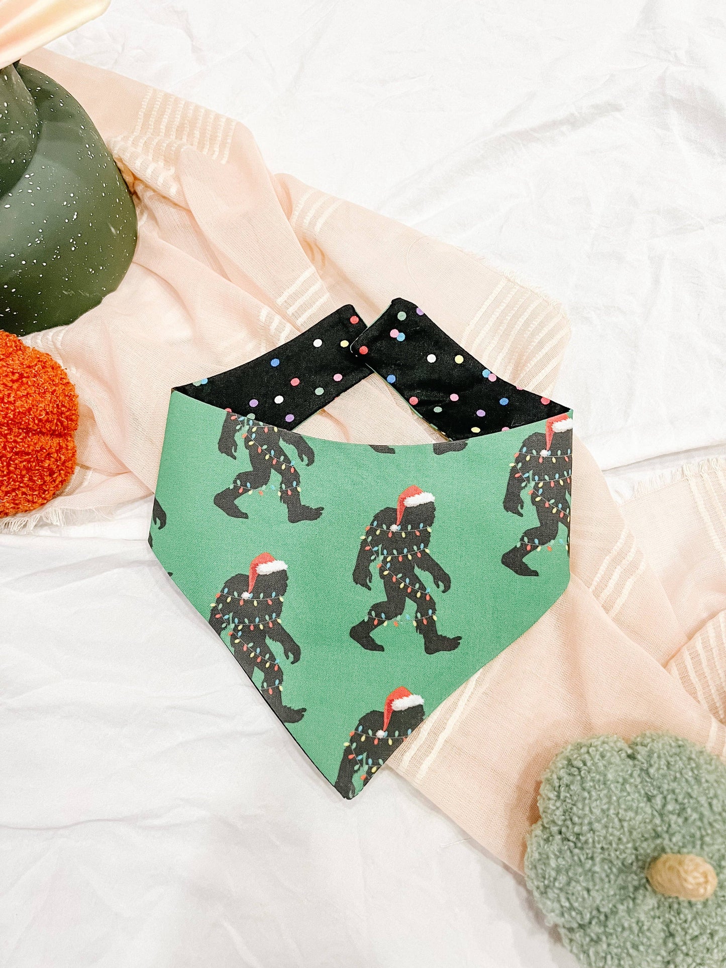 Christmas Monster Reversible Dog Bandana – Winter Pet Scarf with Snap-On Curved Neck S