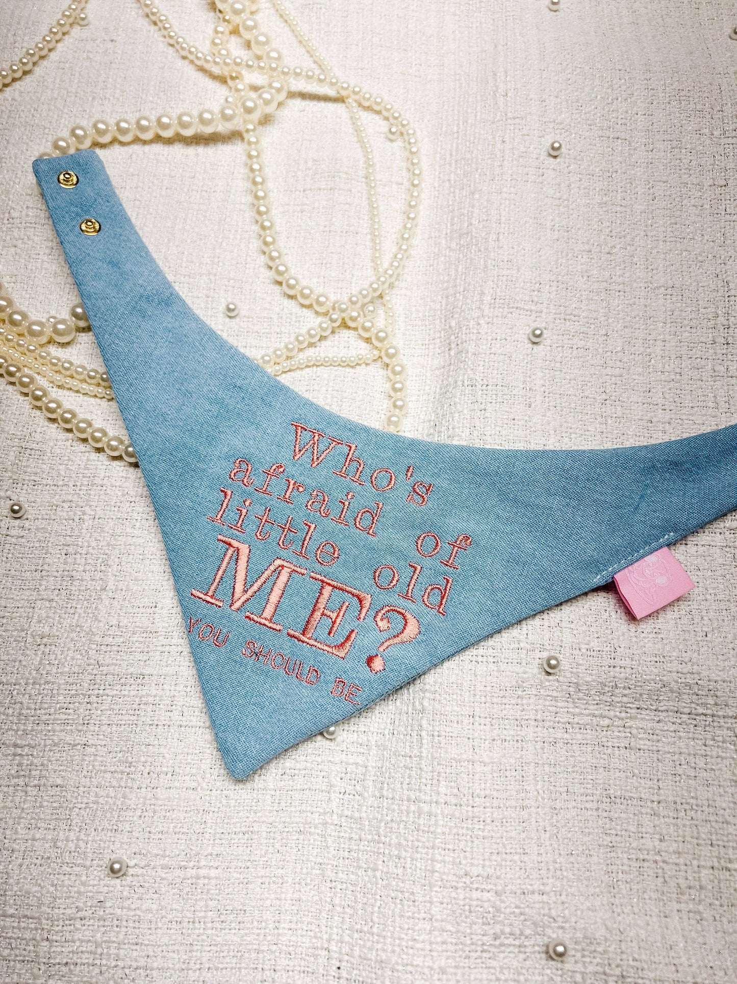 Who’s Afraid of Little Old Me Reversible Dog Bandana – Snap-On Curved Neck Collar M