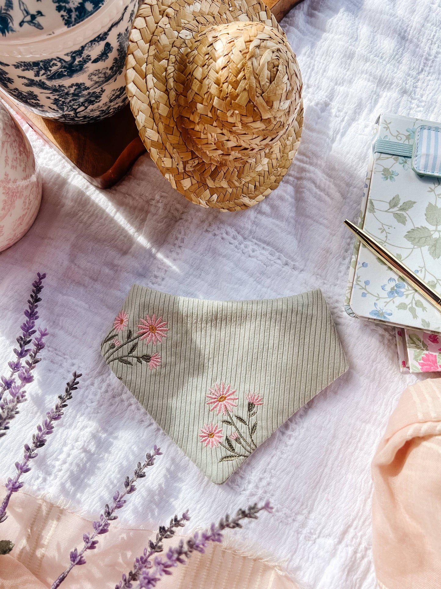 Floral  Snap-On Embroidery Dog Bandana, Curved Neck : L
